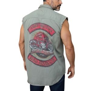 BikerWear 3XL Army Green Shirt Sleeveless Raw Edge Button Up 100% Cotton Biker